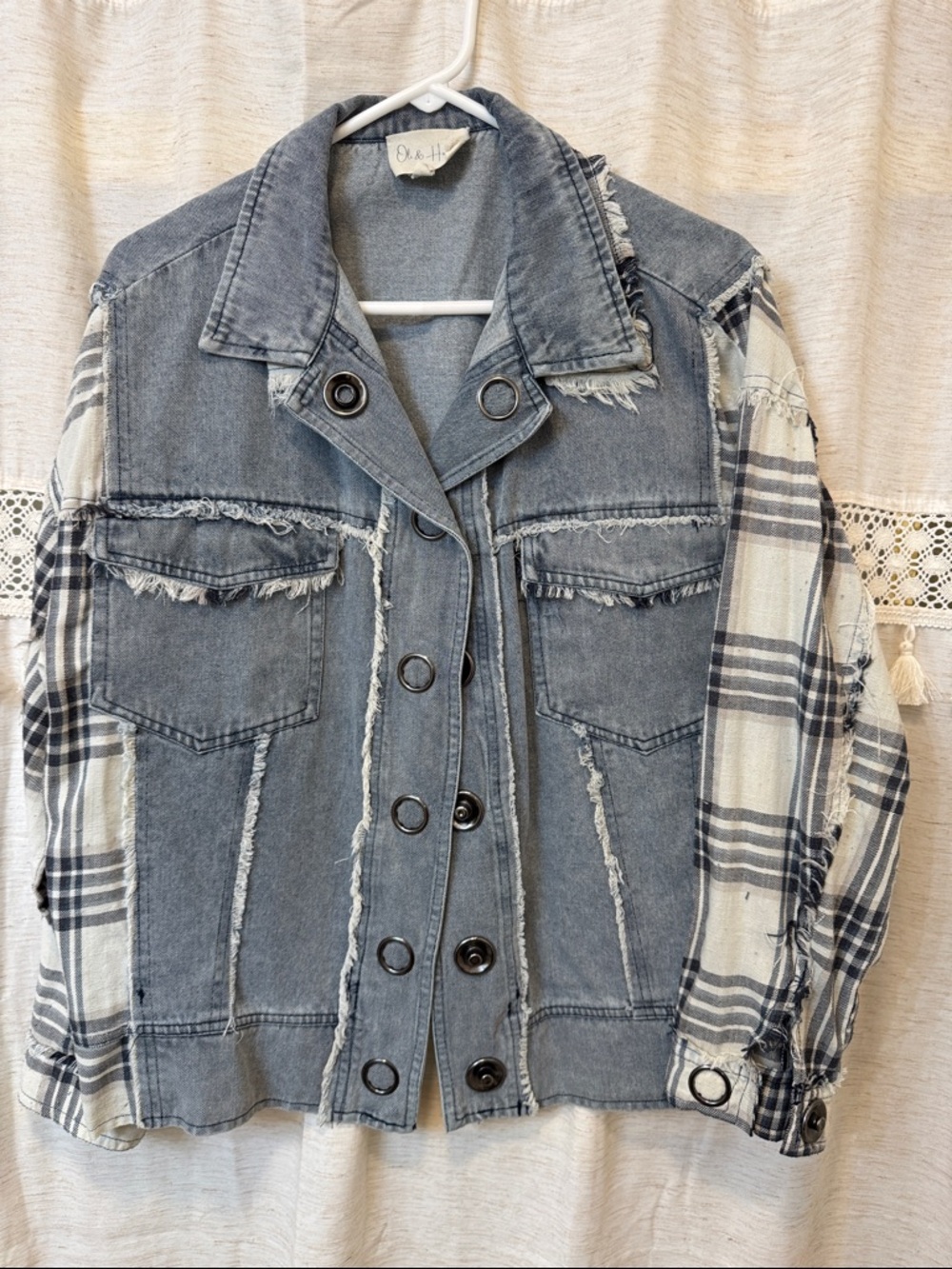 Oli & Hali Distressed Denim Jacket with Plaid Sleeves - Blue & Cream